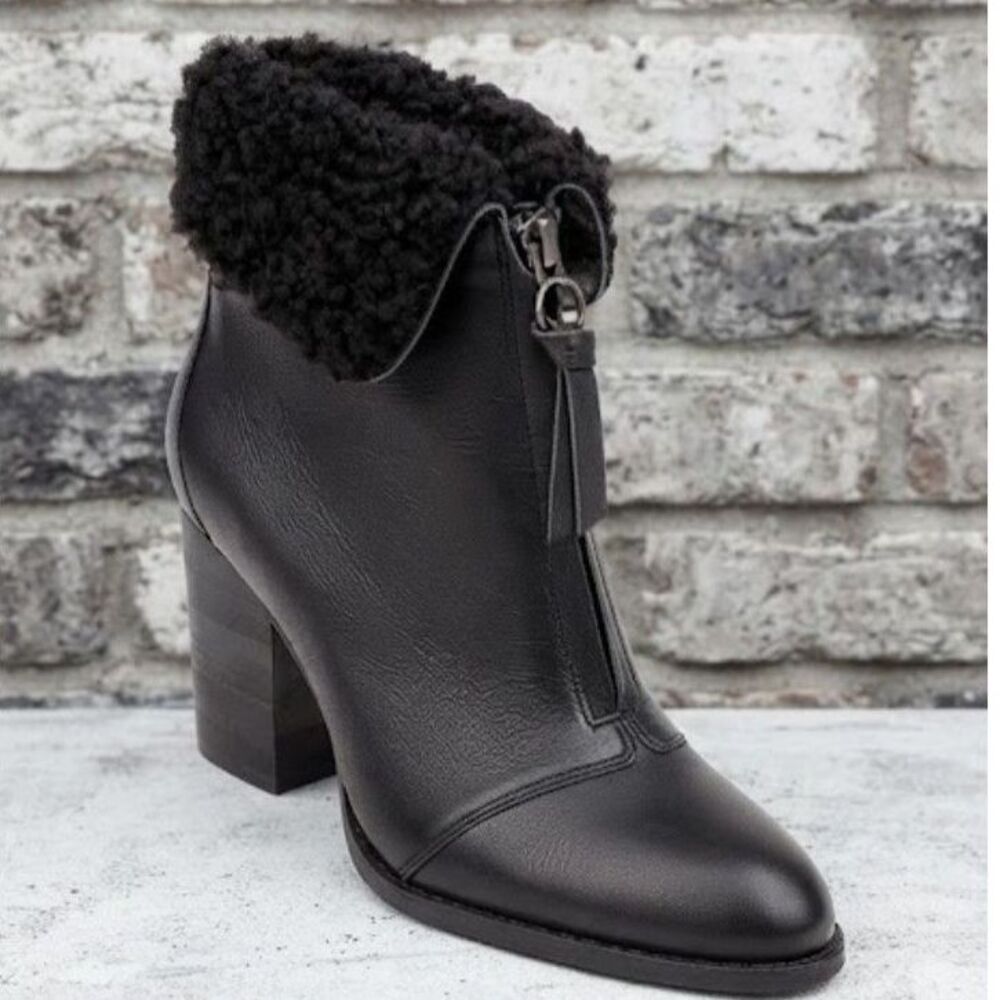 New Splendid Kiley Black Leather Shearling Bootie 8